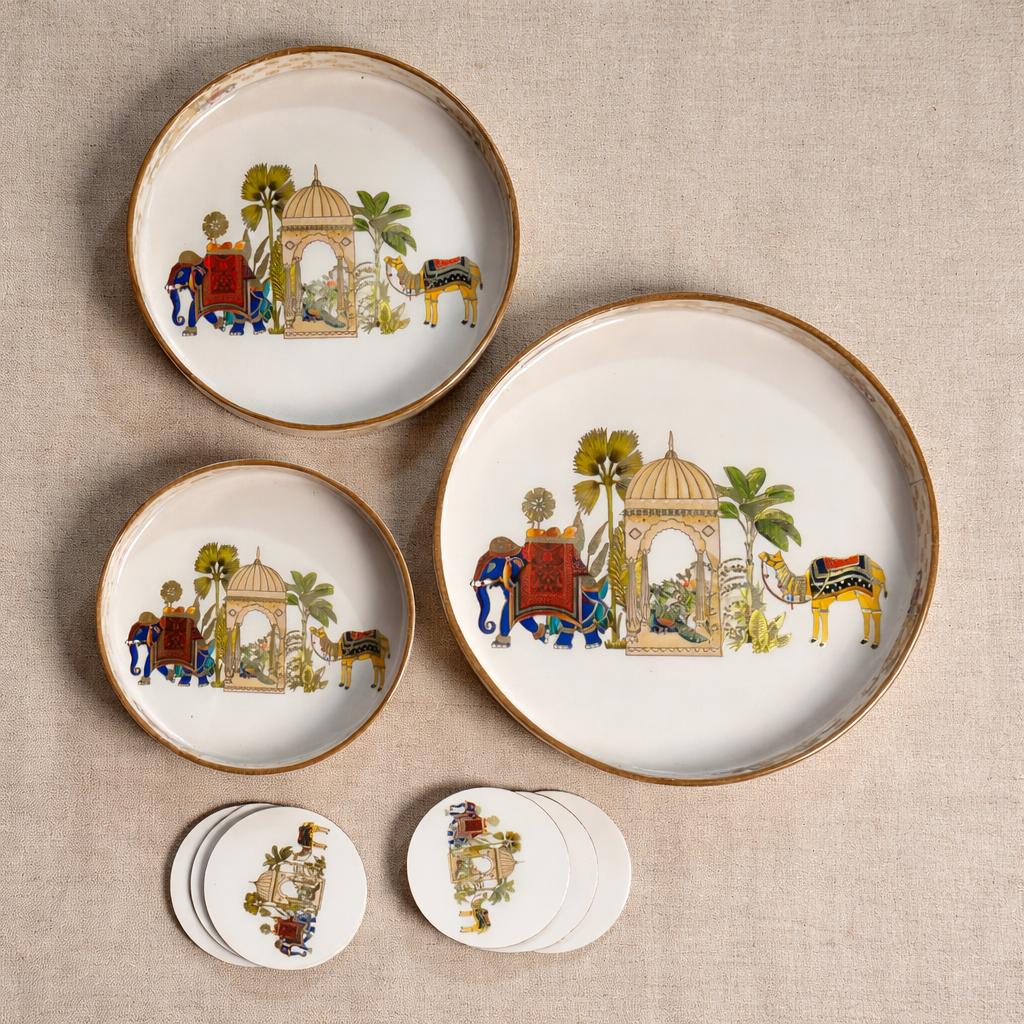 Set of 3 Wooden Serving Trays with Matching Coasters Round Multipurpose Trays for Kitchen Dining Table Top Tea Coffee Snacks Home Decor Large 12" Medium 10" Small 8" Inch