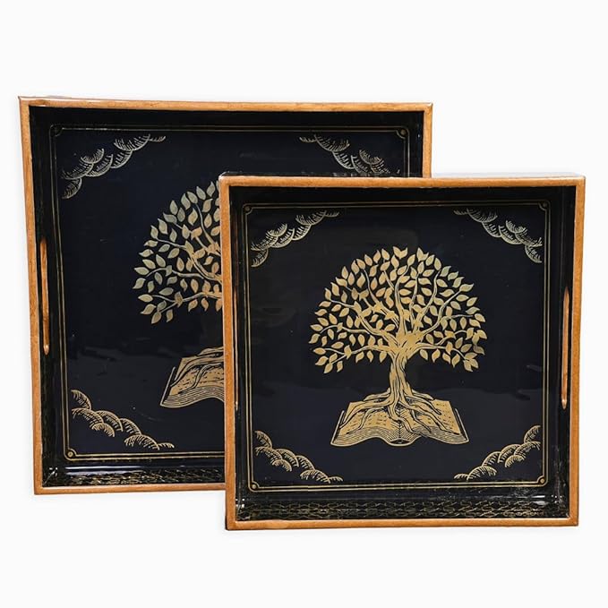 Set of 2 Wooden Serving Trays with Gold Engraving