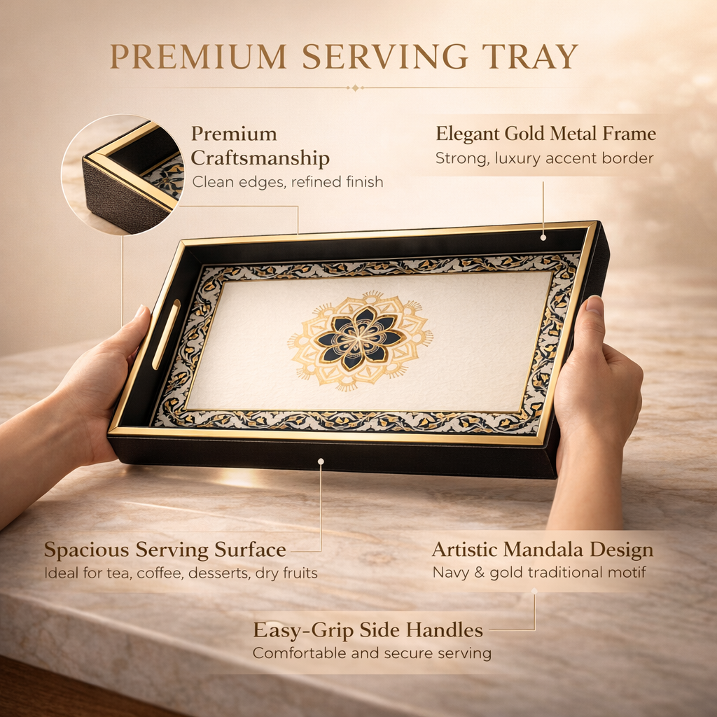 Large Wooden Serving Tray with Leather Finish | Big Size Rectangular Tray for Serving Tea, Coffee & Breakfast | 16 x 14 Inch Premium Snack Tray(White+Black)