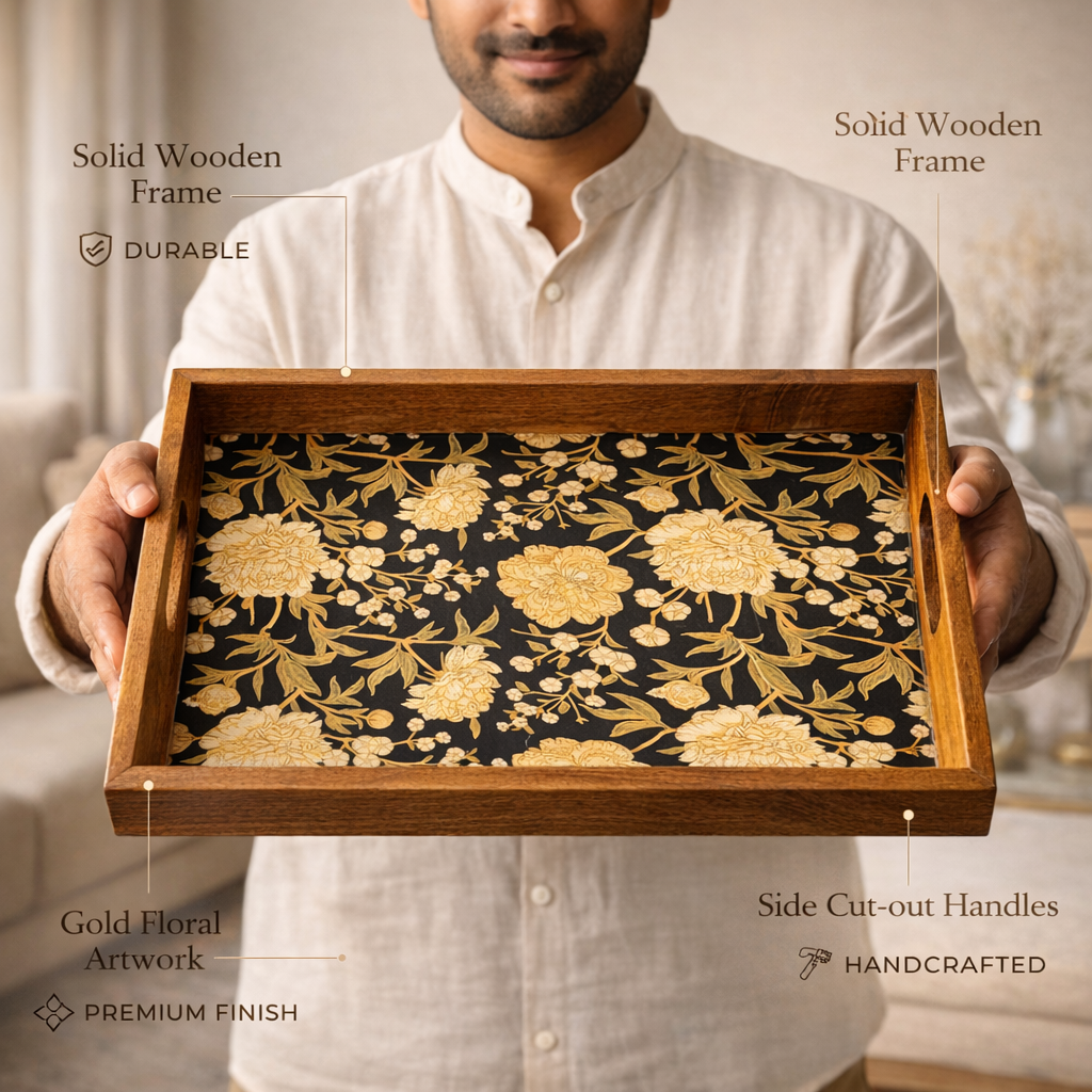 Serving Tray Large| Big Tray | Kitchen Serving Tray| | Wood Tray |Wooden Tray Decoration | Rectangular Serving Tray Waterproof | Wooden Tray Large Size of 16 x 10 inch (Set-1)