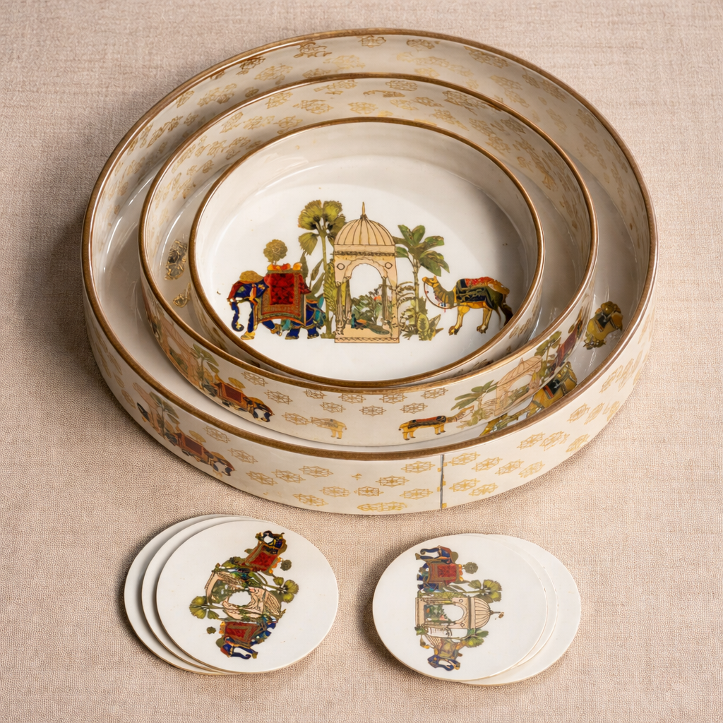 Set of 3 Wooden Serving Trays with Matching Coasters Round Multipurpose Trays for Kitchen Dining Table Top Tea Coffee Snacks Home Decor Large 12" Medium 10" Small 8" Inch