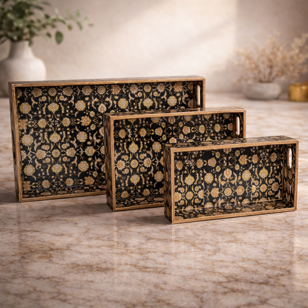 Black Design Set of 3 Rectangular Wooden Serving Trays (16", 14", 12") | Premium Mango Wood Tray Set for Kitchen, Dining, Tea/Coffee, Breakfast & Home Décor | Handcrafted Decorative Wooden Trays for Gift & Serving