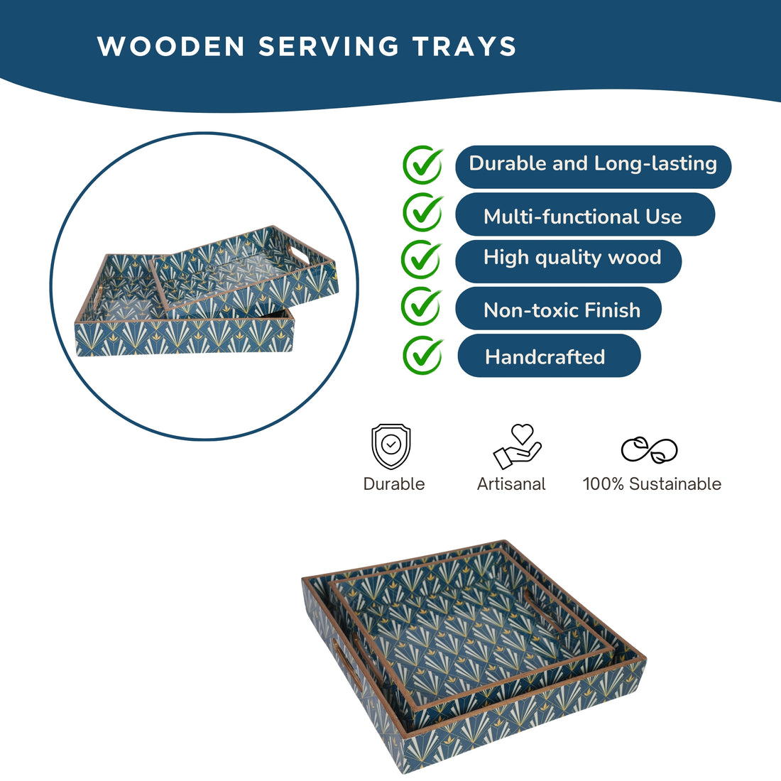 Amimashop® Blue Set of 2 Wooden Serving Trays 12"& 14"