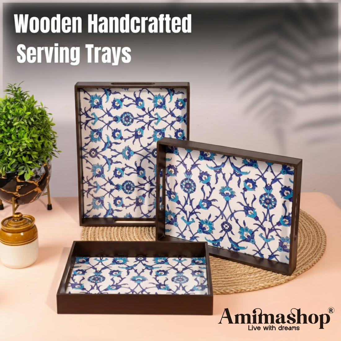 Wooden Tray Set of 3 – Large, Medium & Small Sizes|Handcrafted Wooden Tray Set for Gift & Serving