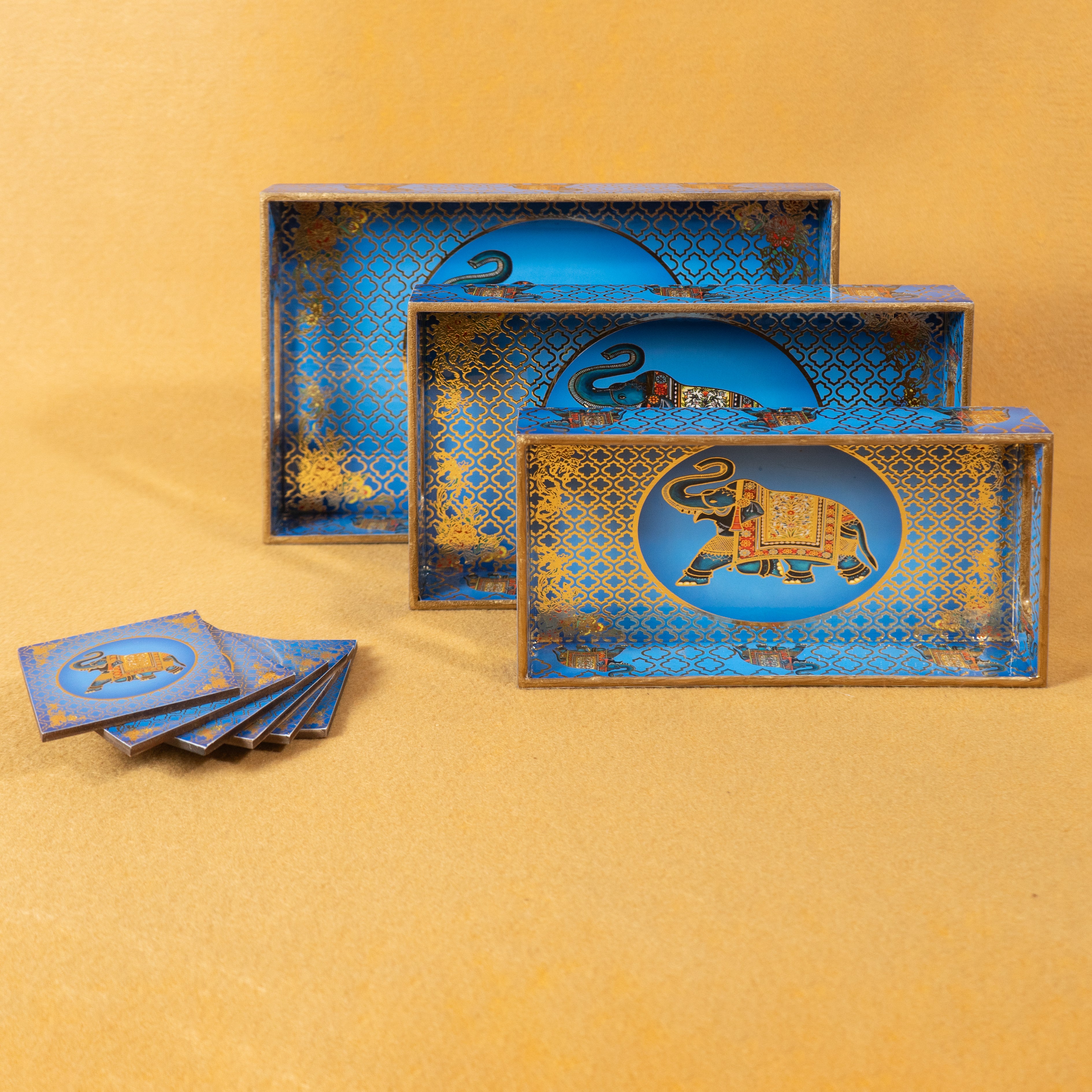 Premium Wooden Tray Set of 3 with 6 Coasters | Large, Medium & Small Sizes for Serving, Dining & Decor