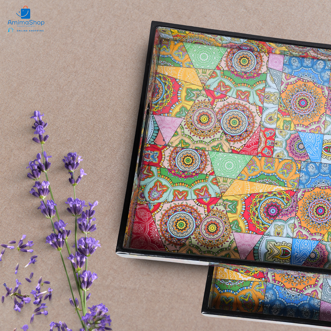 Amimashop® Multicolor Set of 2 Wooden Serving Trays 12"& 14"