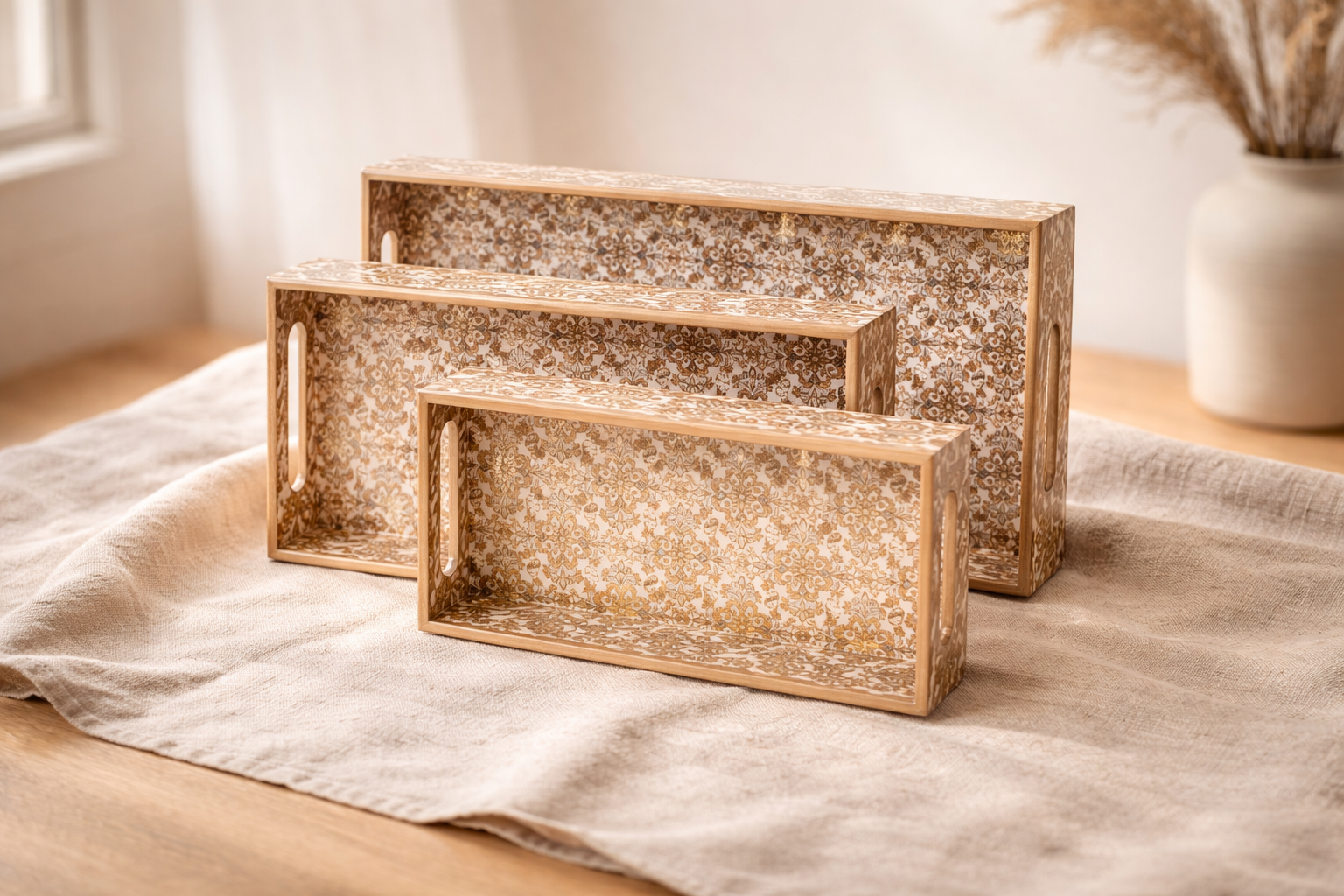 Gold Set of 3 Rectangular Wooden Serving Trays 16", 14", 12"