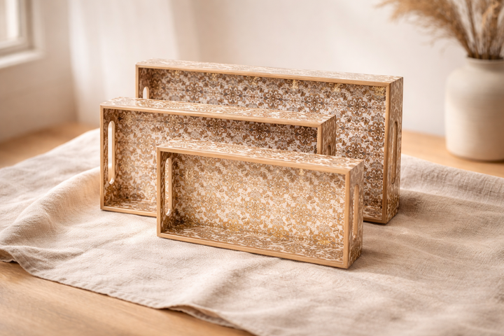 Gold Set of 3 Rectangular Wooden Serving Trays 16", 14", 12"