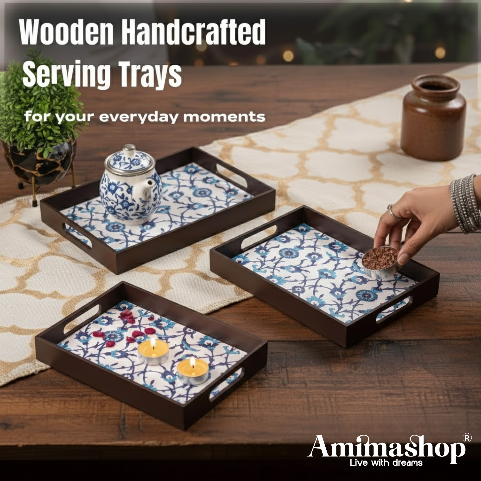 Wooden Tray Set of 3 – Large, Medium & Small Sizes|Handcrafted Wooden Tray Set for Gift & Serving