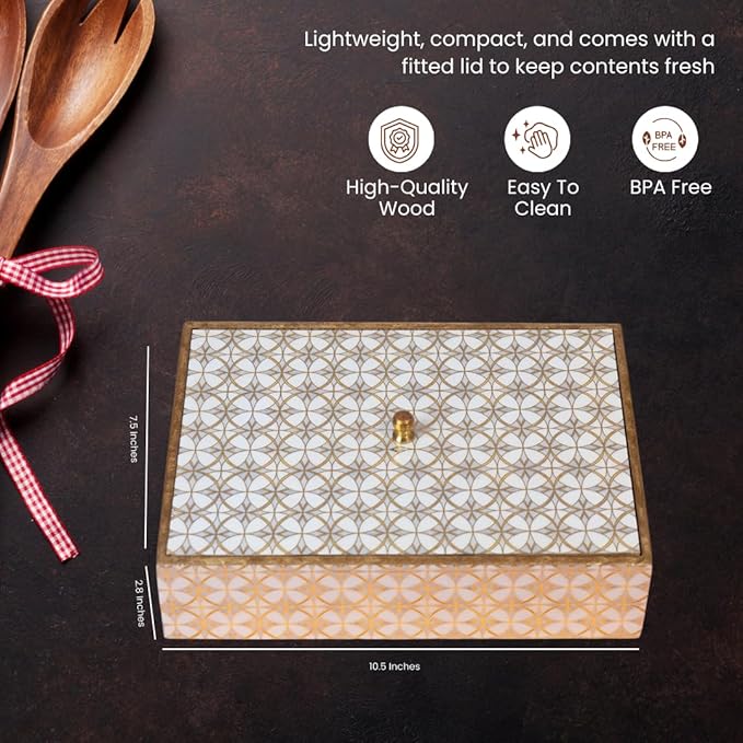 Wooden Handcrafted Spice Box with 6 Containers | Wooden Masala Box for Kitchen Storage | Multipurpose Dry Fruit Box & Condiment Organizer | White Gold Design (10 x 8.5 x 3 Inches)