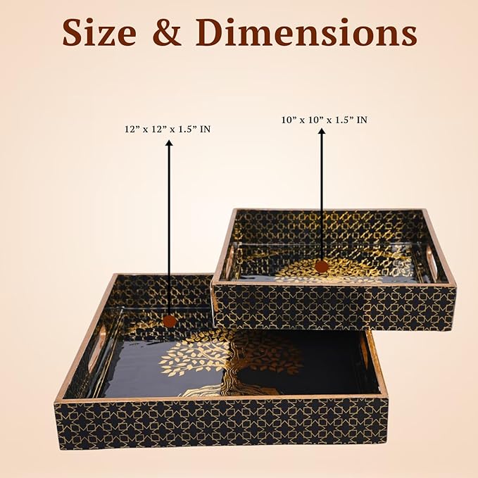 Set of 2 Wooden Serving Trays with Gold Engraving