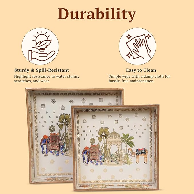 Set of 2 Wooden Serving Trays with Gold Engraving