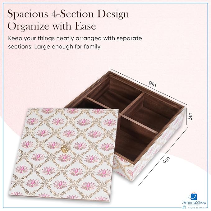 Amimashop Dry Fruit Container Set with Lid - 4 Section Wooden Storage Box