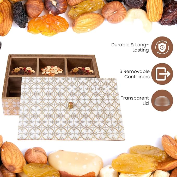 Wooden Handcrafted Spice Box with 6 Containers | Wooden Masala Box for Kitchen Storage | Multipurpose Dry Fruit Box & Condiment Organizer | White Gold Design (10 x 8.5 x 3 Inches)
