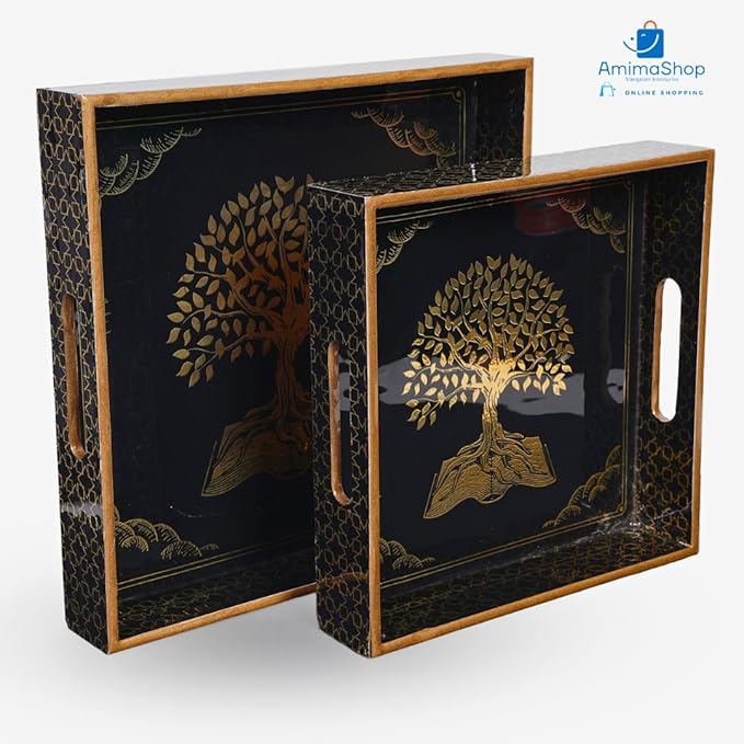 Set of 2 Wooden Serving Trays with Gold Engraving