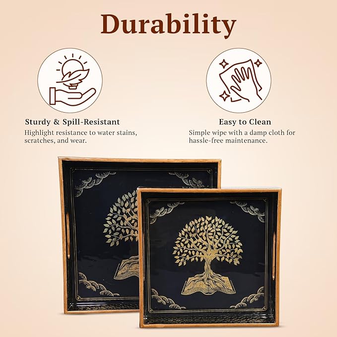 Set of 2 Wooden Serving Trays with Gold Engraving