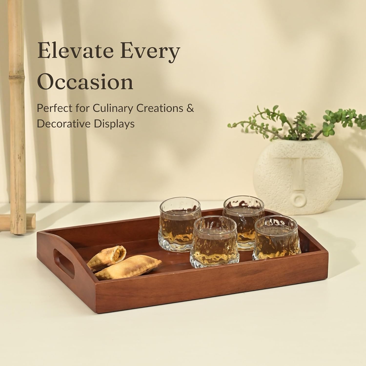 Large Wooden Serving Tray (40x27x7 cm) | Premium Mango Wood Rectangular Tray for Kitchen, Dining Table, Tea/Coffee, Breakfast & Party | Handcrafted Decorative Serving Platter for Home & Gifts