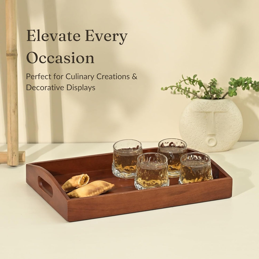 Large Wooden Serving Tray (40x27x7 cm) | Premium Mango Wood Rectangular Tray for Kitchen, Dining Table, Tea/Coffee, Breakfast & Party | Handcrafted Decorative Serving Platter for Home & Gifts