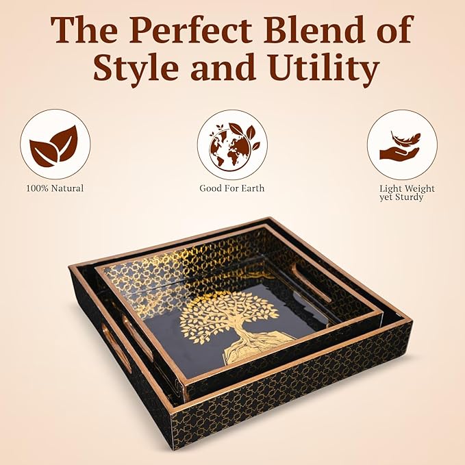 Set of 2 Wooden Serving Trays with Gold Engraving