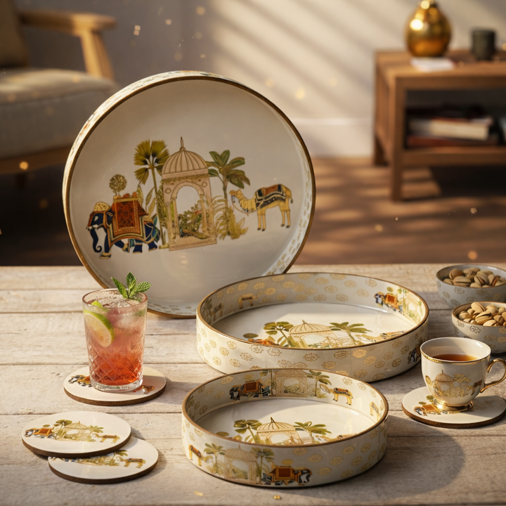 Set of 3 Wooden Serving Trays with Matching Coasters Round Multipurpose Trays for Kitchen Dining Table Top Tea Coffee Snacks Home Decor Large 12" Medium 10" Small 8" Inch