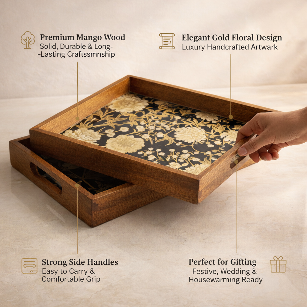 Serving Tray Set 2 | Wooden Tray Set |Wooden Tray Decoration| Enamel Coated Waterproof |Size : 14 x 8 inch & 12 x 6 inch (Set of 2)