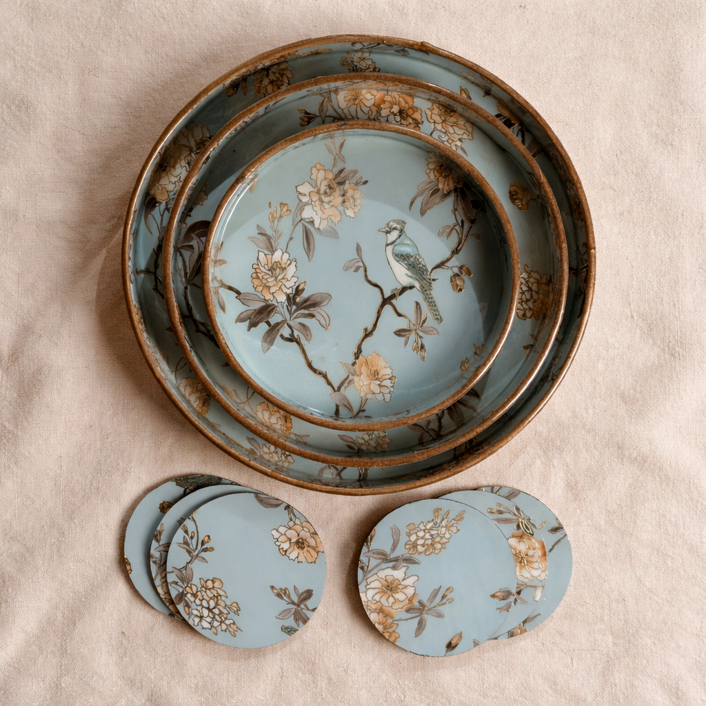 Set of 3 Wooden Serving Trays with Matching Coasters Round Multipurpose Trays for Kitchen Dining Table Top Tea Coffee Snacks Home Decor Large 12" Medium 10" Small 8" Inch (Light Green)