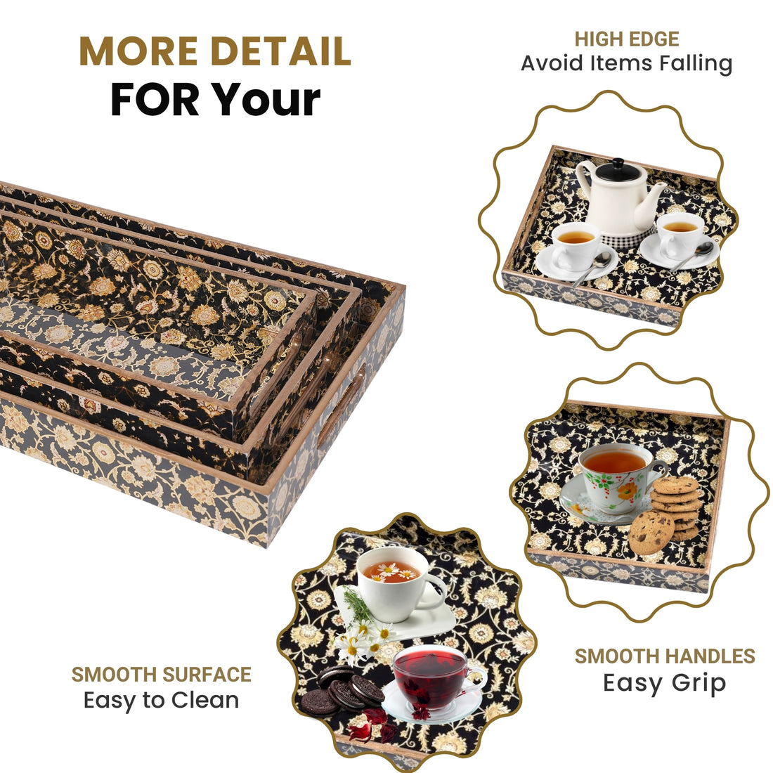 Amimashop® Black Design Set of 3 Rectangular Wooden Serving Trays 16", 14", 12"