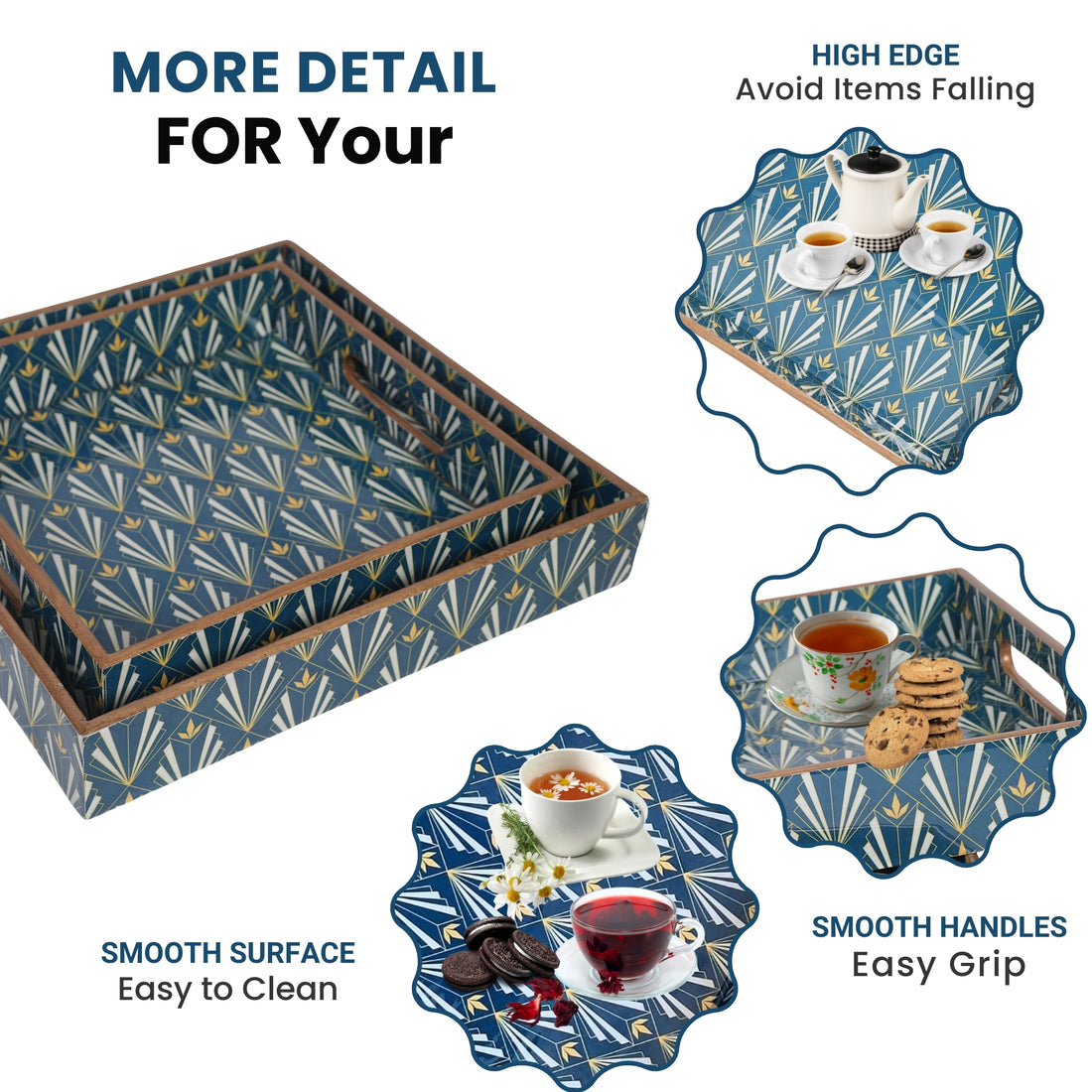 Amimashop® Blue Set of 2 Wooden Serving Trays 12"& 14"