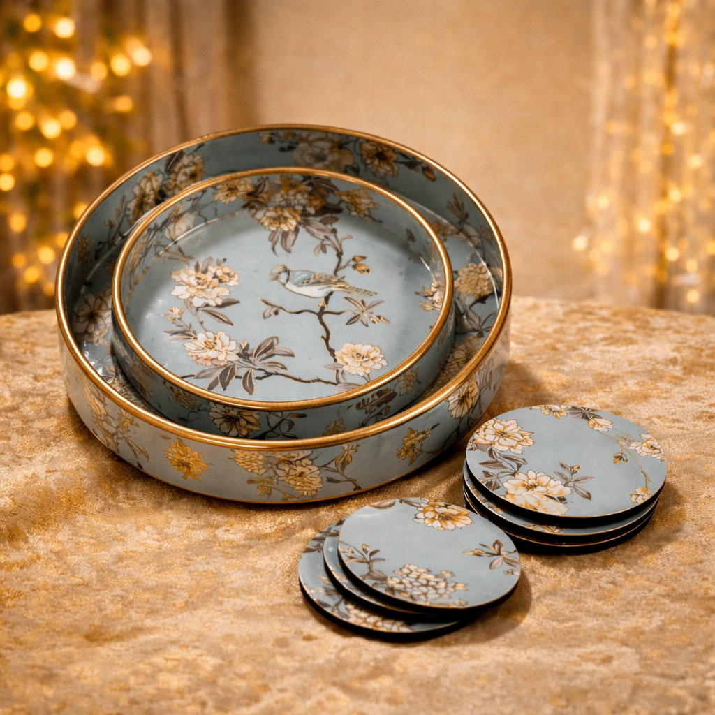 Set of 3 Wooden Serving Trays with Matching Coasters Round Multipurpose Trays for Kitchen Dining Table Top Tea Coffee Snacks Home Decor Large 12" Medium 10" Small 8" Inch (Light Green)