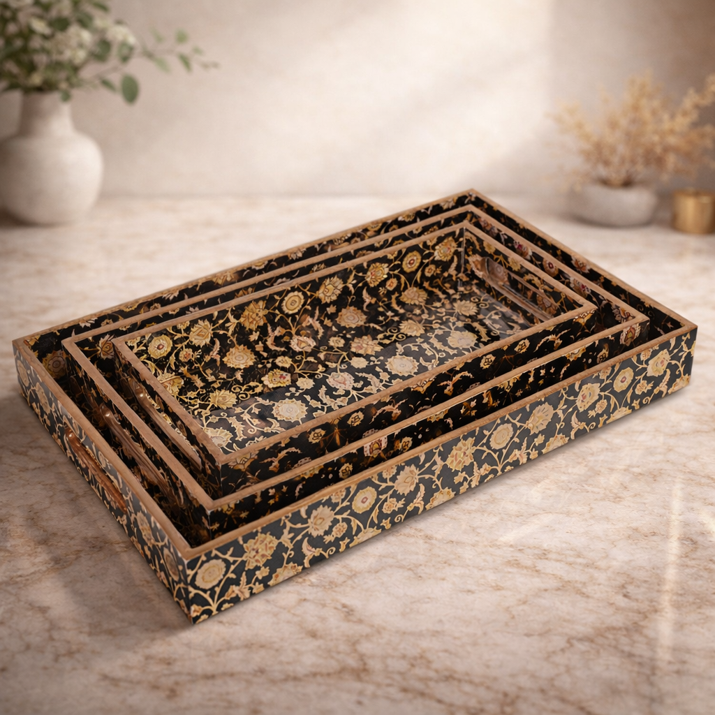 Black Design Set of 3 Rectangular Wooden Serving Trays (16", 14", 12") | Premium Mango Wood Tray Set for Kitchen, Dining, Tea/Coffee, Breakfast & Home Décor | Handcrafted Decorative Wooden Trays for Gift & Serving