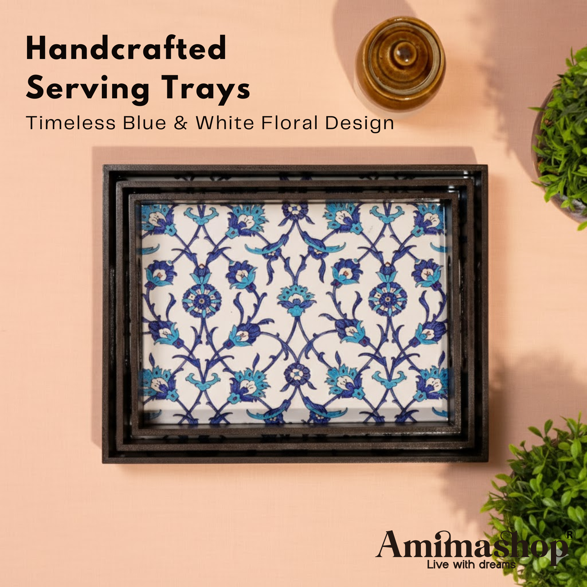 Wooden Tray Set of 3 – Large, Medium & Small Sizes|Handcrafted Wooden Tray Set for Gift & Serving