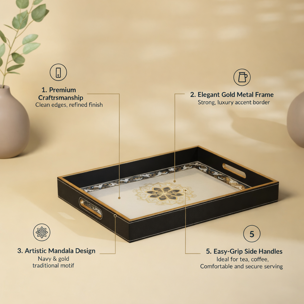 Large Wooden Serving Tray with Leather Finish | Big Size Rectangular Tray for Serving Tea, Coffee & Breakfast | 16 x 14 Inch Premium Snack Tray(White+Black)