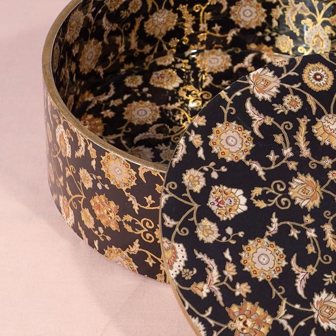 Wooden Casserole 2 Litre | Handcrafted Wooden Serving Bowl with Lid | Black Gold Design Hot Pot for Kitchen & Dining (Size 9x9x4 Inches)