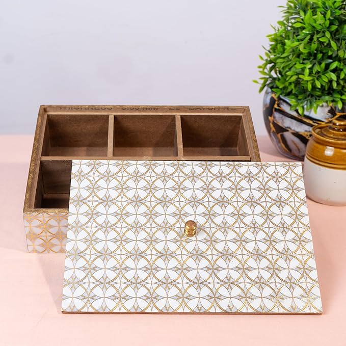 Wooden Handcrafted Spice Box with 6 Containers | Wooden Masala Box for Kitchen Storage | Multipurpose Dry Fruit Box & Condiment Organizer | White Gold Design (10 x 8.5 x 3 Inches)