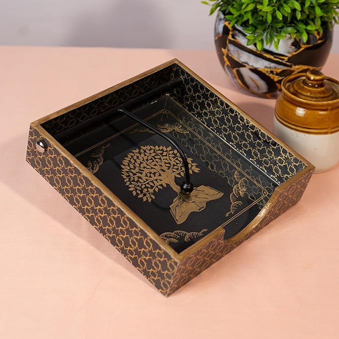 Wooden Napkin Holder for Dining Table | Handcrafted Tissue Holder Stand for Kitchen, Office & Home Décor | Wooden Tissue Paper Holder | Black Design (8 x 8 x 2.5 Inches)