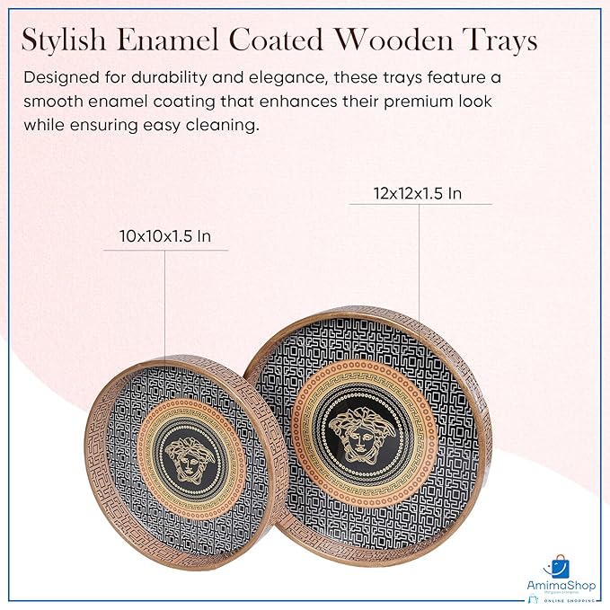 Set of 2 Round Wooden Serving Trays