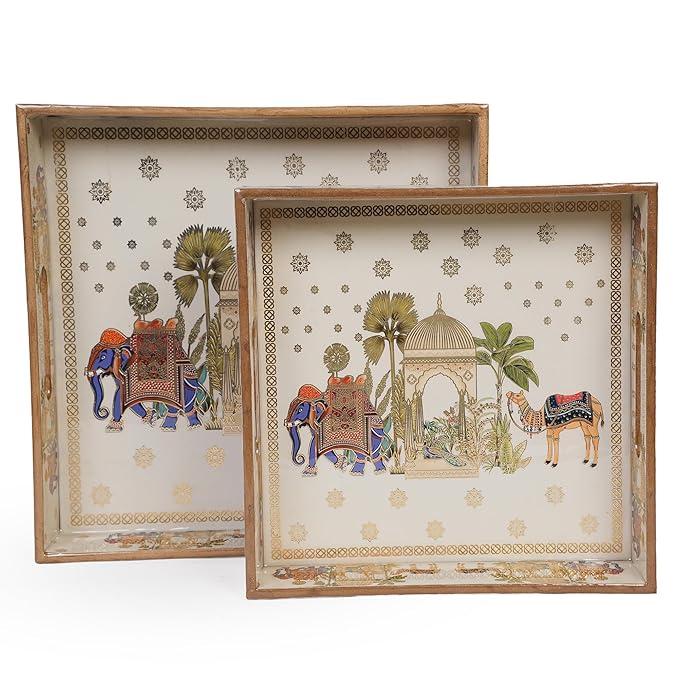 Amimashop® Set of 2 Wooden Serving Trays with Gold Engraving