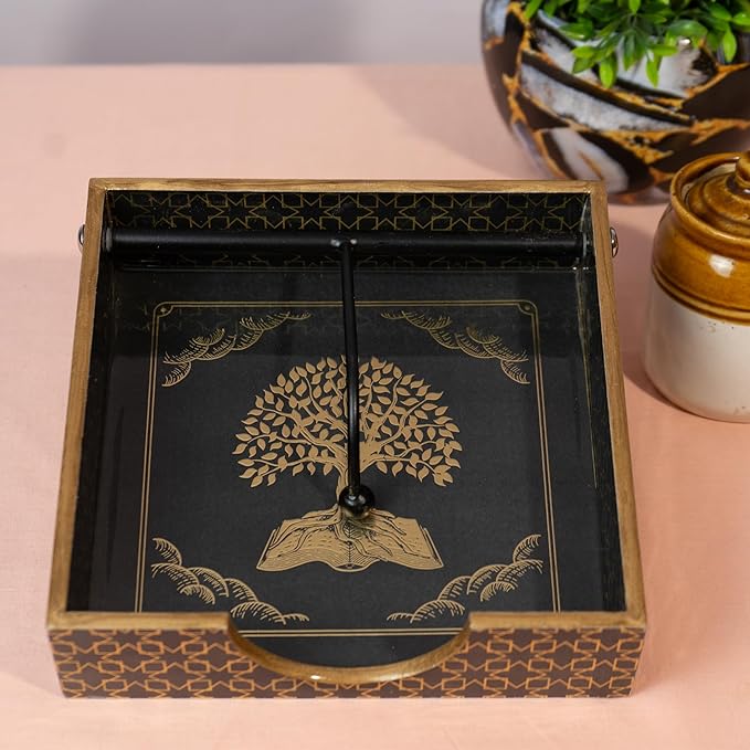 Wooden Napkin Holder for Dining Table | Handcrafted Tissue Holder Stand for Kitchen, Office & Home Décor | Wooden Tissue Paper Holder | Black Design (8 x 8 x 2.5 Inches)
