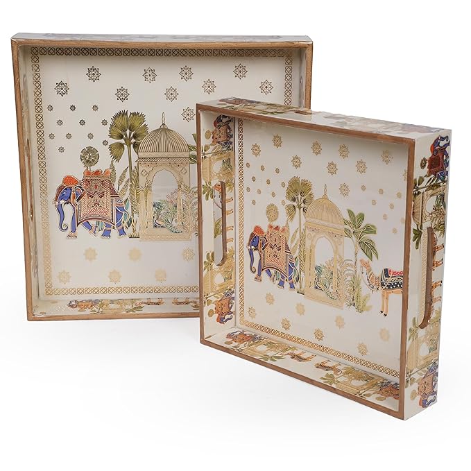 Amimashop® Set of 2 Wooden Serving Trays with Gold Engraving