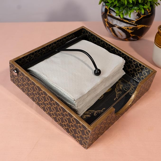 Wooden Napkin Holder for Dining Table | Handcrafted Tissue Holder Stand for Kitchen, Office & Home Décor | Wooden Tissue Paper Holder | Black Design (8 x 8 x 2.5 Inches)