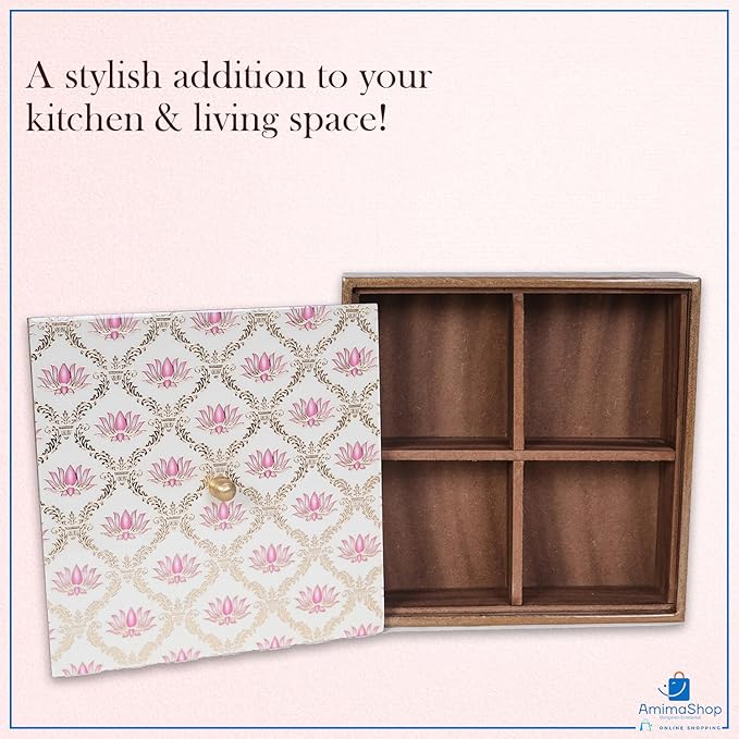 Dry Fruit Container Set with Lid - 4 Section Wooden Storage Box