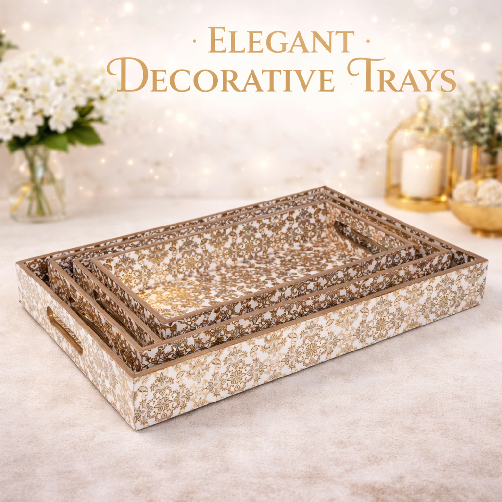 Gold Set of 3 Rectangular Wooden Serving Trays 16", 14", 12"