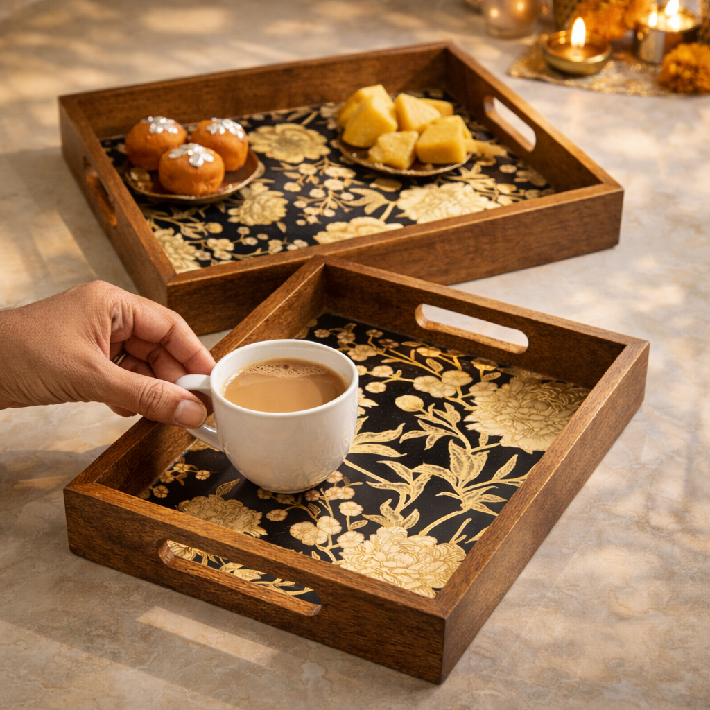 Serving Tray Set 2 | Wooden Tray Set |Wooden Tray Decoration| Enamel Coated Waterproof |Size : 14 x 8 inch & 12 x 6 inch (Set of 2)