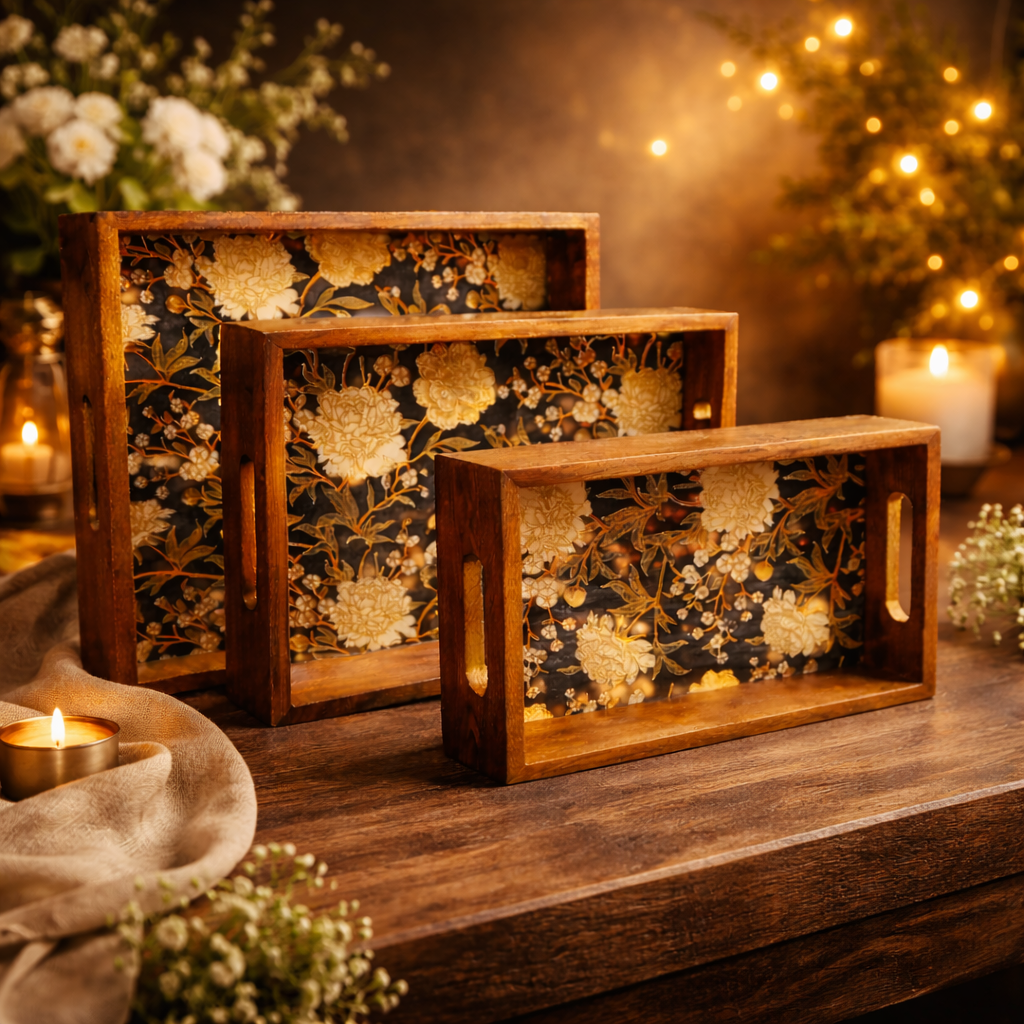 Serving Tray Set 3 with Gold Engraving | Wooden Tray Set 3 |Wooden Tray Decoration | Enamel Coated Waterproof |Size : 16 x 10 inch, 14 x 8 inch & 12 x 6 inch (Set 3)