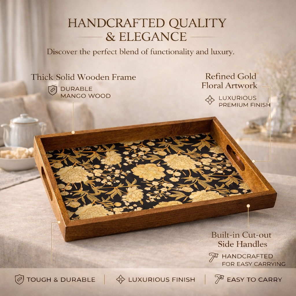 Serving Tray Large| Big Tray | Kitchen Serving Tray| | Wood Tray |Wooden Tray Decoration | Rectangular Serving Tray Waterproof | Wooden Tray Large Size of 16 x 10 inch (Set-1)