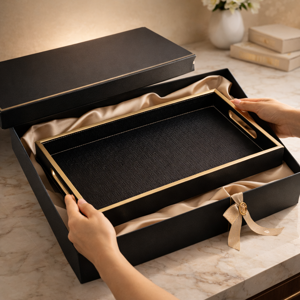 Large Wooden Serving Tray with Leather Finish | Big Size Rectangular Tray for Serving Tea, Coffee & Breakfast | 16 x 14 Inch Premium Snack Tray (BLACK)