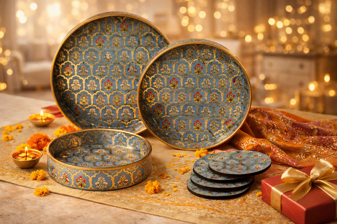 Set of 3 Round Wooden Serving Trays with Matching Coasters | Multipurpose Tea Coffee Snacks Serving Trays for Kitchen Dining Table Home Decor | Large 12 Medium 10 Small 8 Inch Green