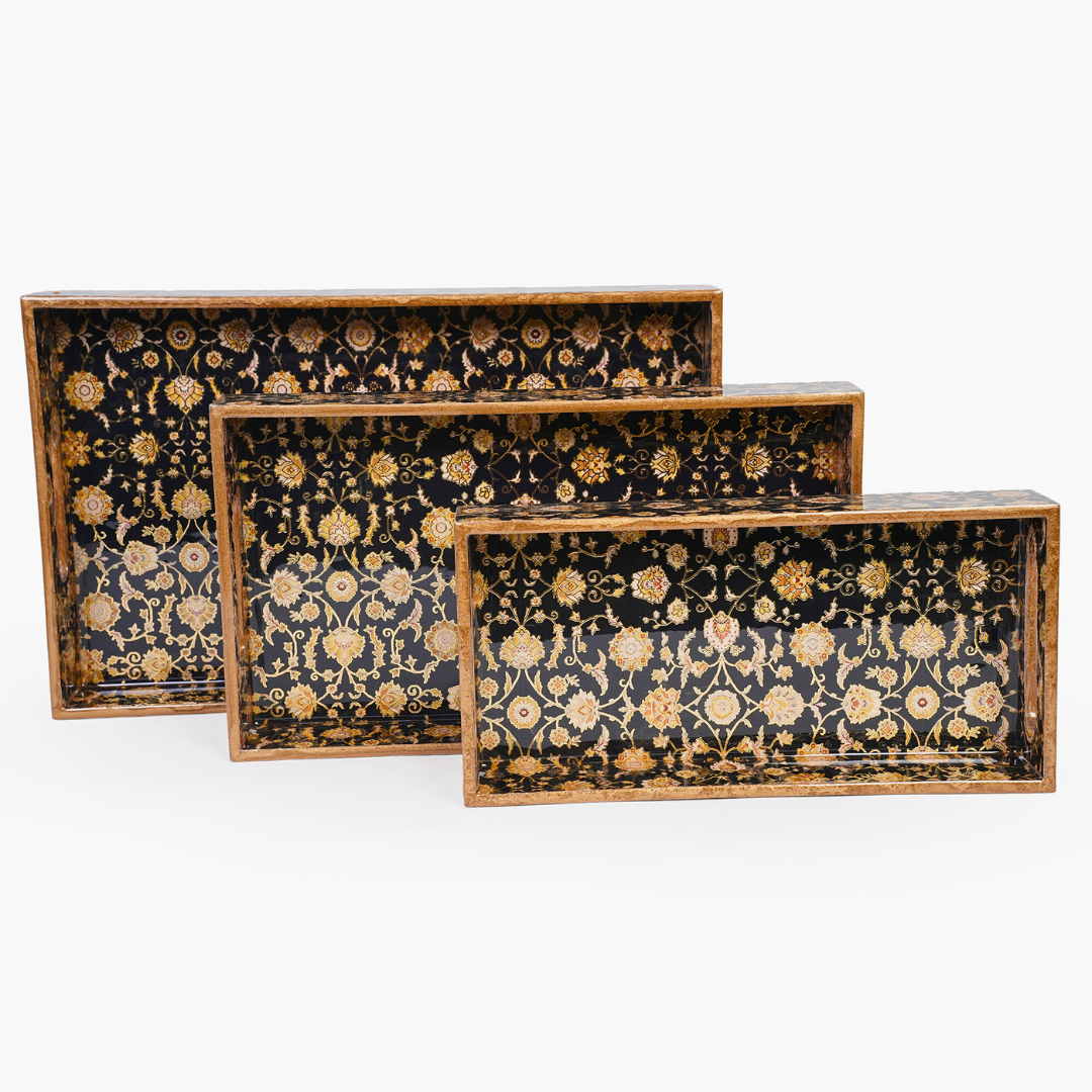 Black Design Set of 3 Rectangular Wooden Serving Trays (16", 14", 12") | Premium Mango Wood Tray Set for Kitchen, Dining, Tea/Coffee, Breakfast & Home Décor | Handcrafted Decorative Wooden Trays for Gift & Serving