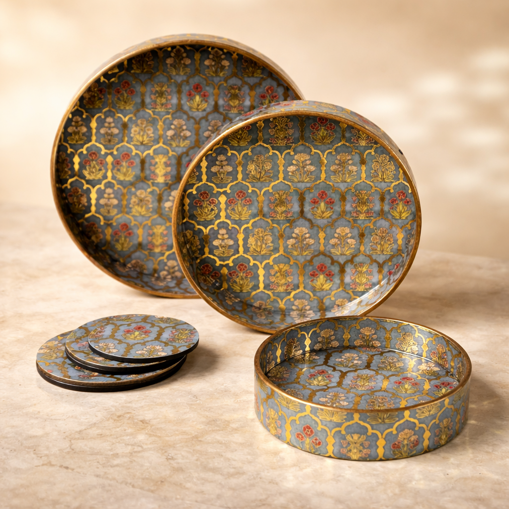 Set of 3 Round Wooden Serving Trays with Matching Coasters | Multipurpose Tea Coffee Snacks Serving Trays for Kitchen Dining Table Home Decor | Large 12 Medium 10 Small 8 Inch Green