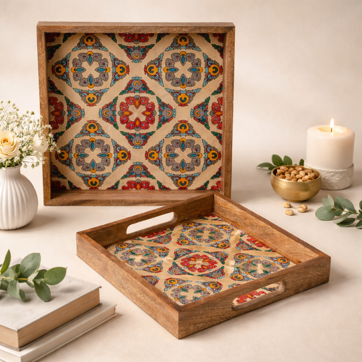 Serving Tray| Set of 2 | Size : 12 x 12 inch & 10 x 10 inch | Square Trays | Wooden Tray for Decoration | Wooden Tray Set for Serving (Copy)